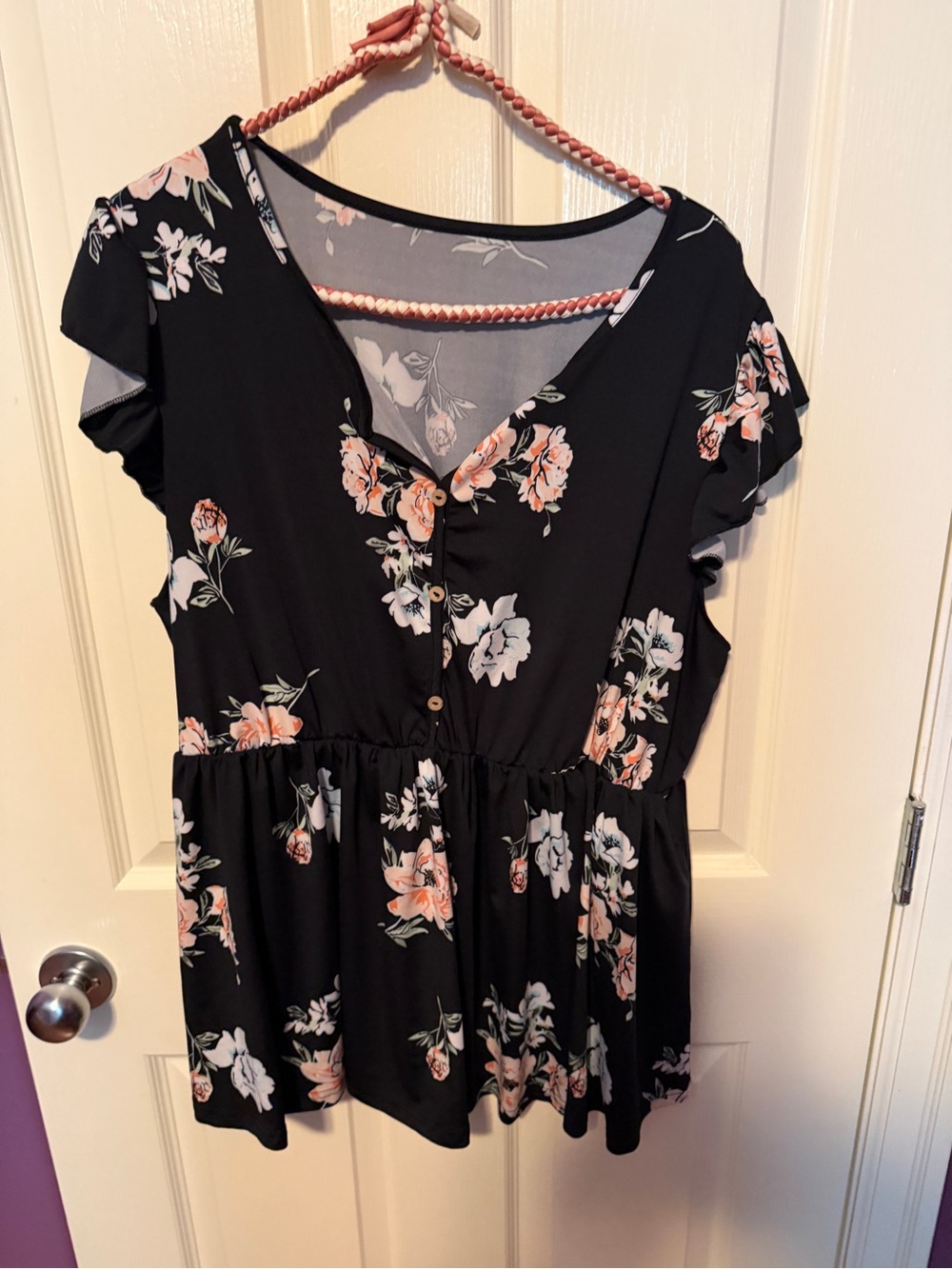 Floral Button-Front Peplum Top - Black with Peach & White Flowers